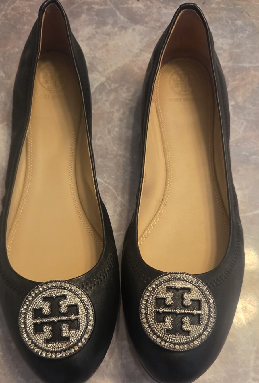 Tory Burch Black Logo Embellished Leather Ballet Flats